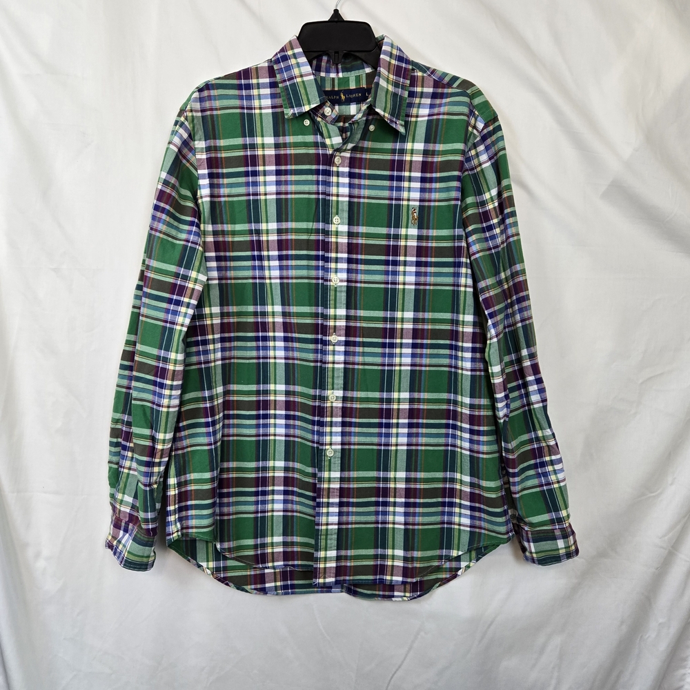 Ralph Lauren Men's Green Purple Plaid Long Sleeve Preppy Button Down Shirt Large